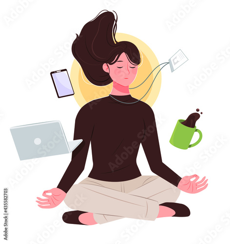Female office workers practice mind-controlling meditation. Business concept vector illustration.