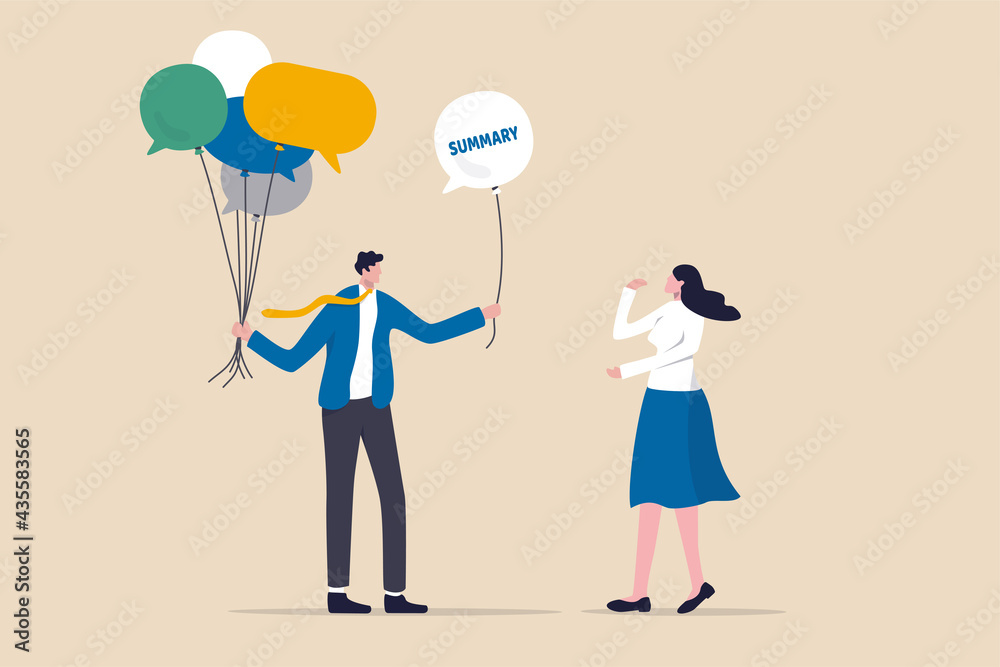Φωτογραφία Meeting summary or conclusion, session or brainstorm recap and agreement concept, businessman holding group of speech bubble balloons as member opinions, offering summary after finish meeting