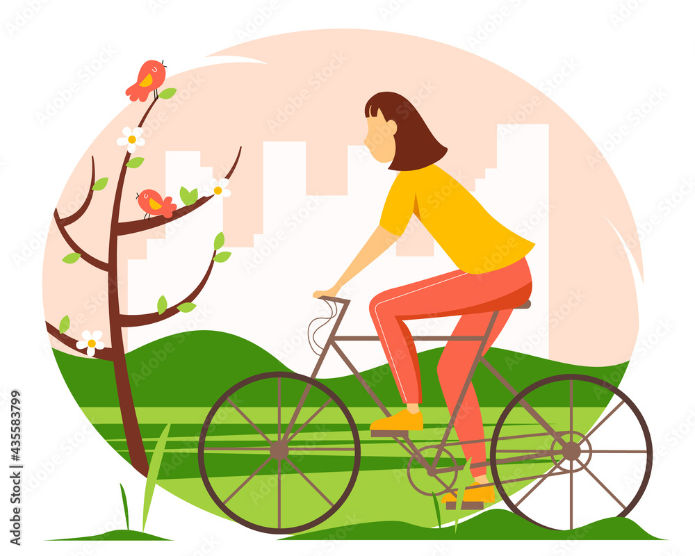 Girl riding a bicycle in the park. Spring illustration in flat style. Girl riding a bicycle in the park. Spring illustration in flat style.