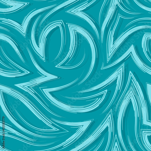 Turquoise vector seamless pattern of flowing brush strokes or watercolors in the form of corners and curls. Ocean texture.