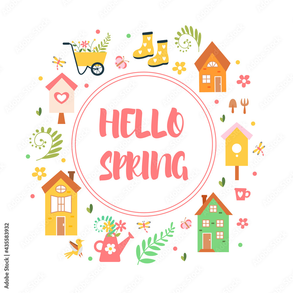 Hello spring with lettering and elements: birds, house, birdhouse, butterfly, flowers, watering can, garden wheelbarrow, dragonfly. Hand drawn elements in flat style. Cute illustration.