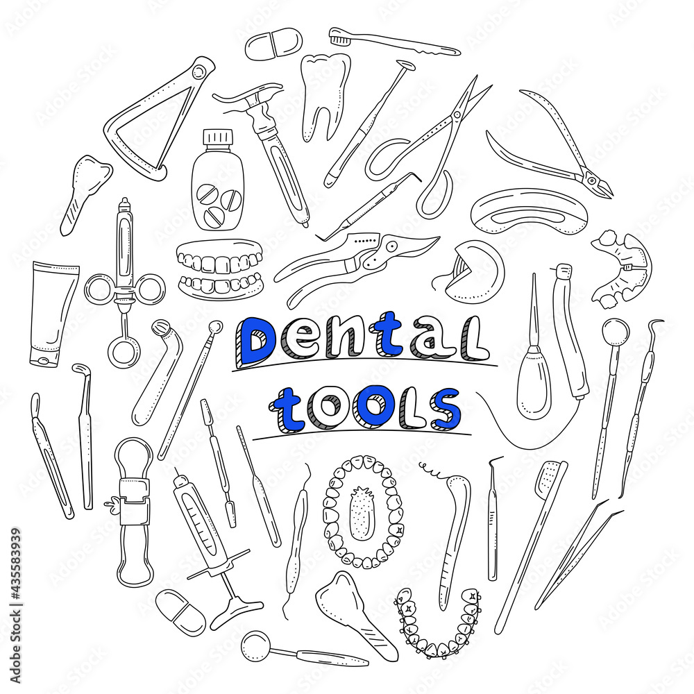 Vecteur Stock Dental tools and instruments set in doodle style.Line art  banner.Orthodontic prosthetics and filling,drill bit,treatment of diseases  of oral cavity and caries.Medical equipment for bite correction | Adobe  Stock