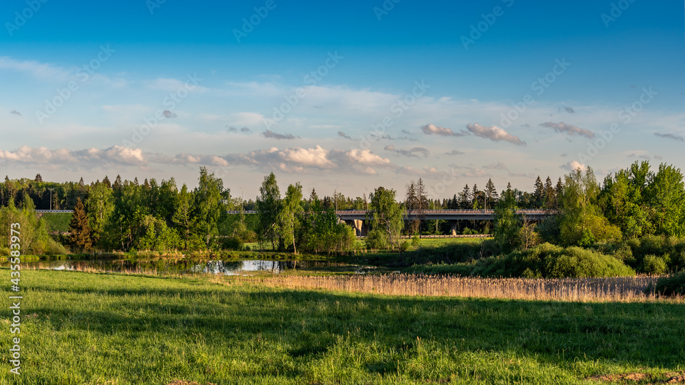 Rural landscape with meadow, forest and lake. Suburban highway bridge in the background.