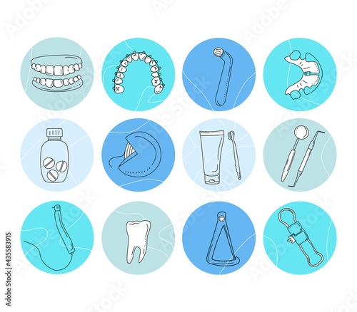 Dental tools and instruments set in doodle style.Medical blog.Round hand drawn highlights for social media in doodle style.Stomatological equipment for bite correction.Orthodontic prosthetics.Vector