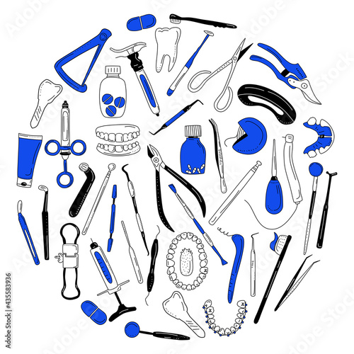 Dental tools and instruments set in doodle style.Line art banner.Orthodontic prosthetics and filling,drill bit,treatment of diseases of oral cavity and caries.Medical equipment for bite correction