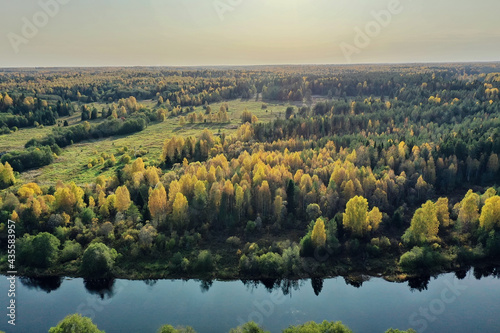 landscape top view  river autumn forest drone  beautiful journey