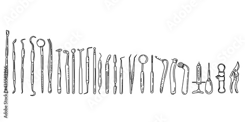Dental tools and instruments set in doodle style.Line art banner.Orthodontic prosthetics and filling,drill bit,treatment of diseases of oral cavity and caries.Medical equipment for teeth implantation