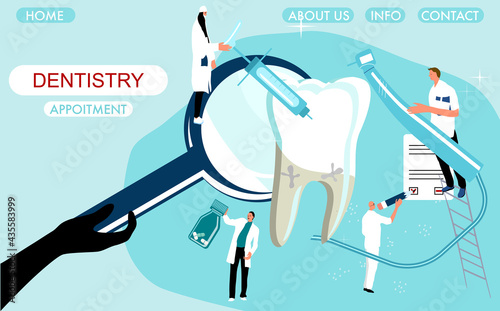 Dental clinic Website template .Tiny doctors holding drill bit and cure huge molar tooth with caries, removing plaque. Medical orthodontic instruments.Oral cavity disease. Service of implantation