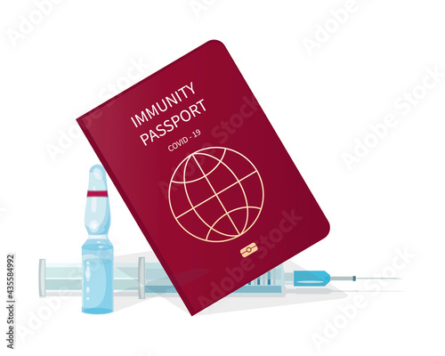 Coronavirus vaccine. Immune passport. Vector syringe and vaccine ampoule. Medical document 