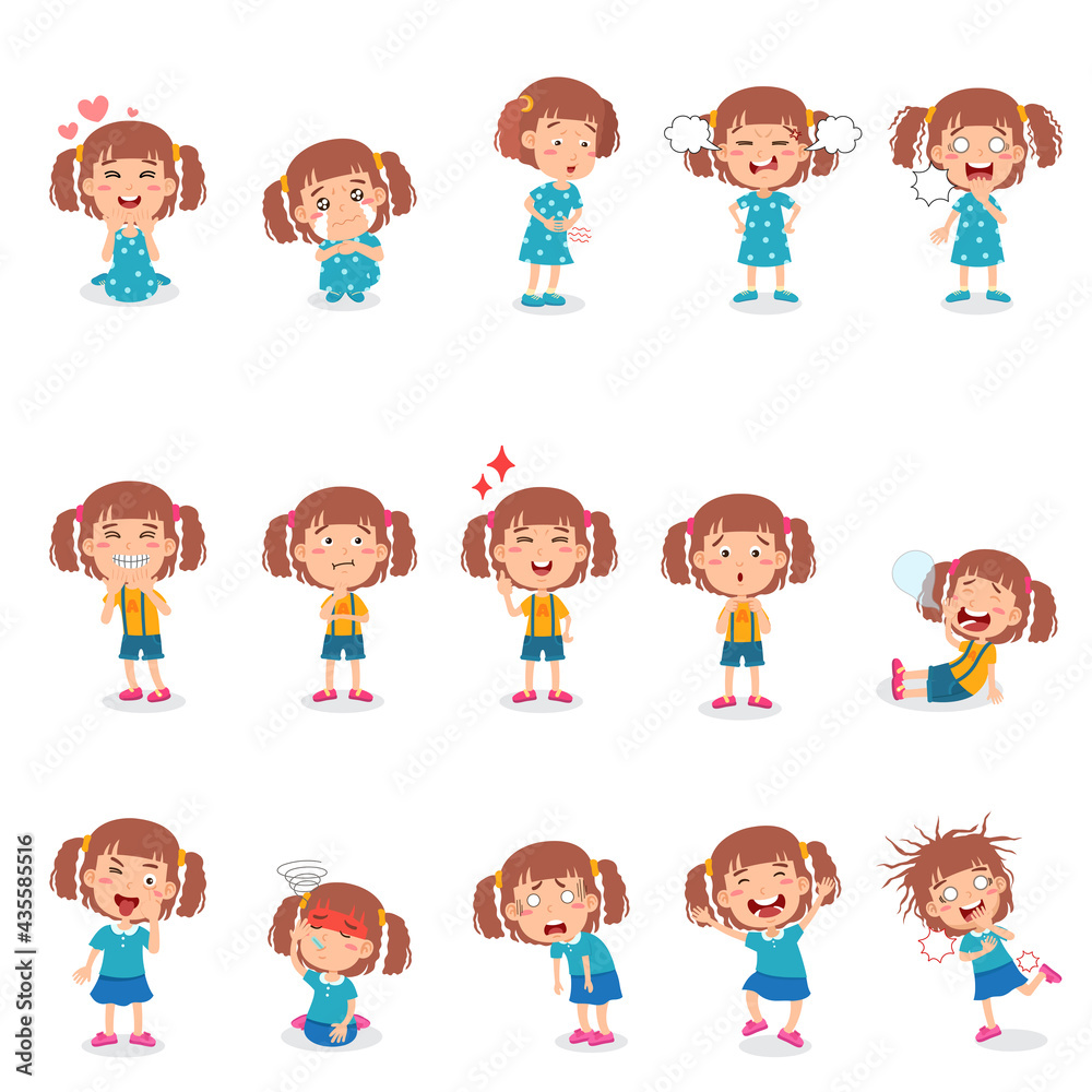 illustration isolation little girl in various poses with gestures and expressions. vector