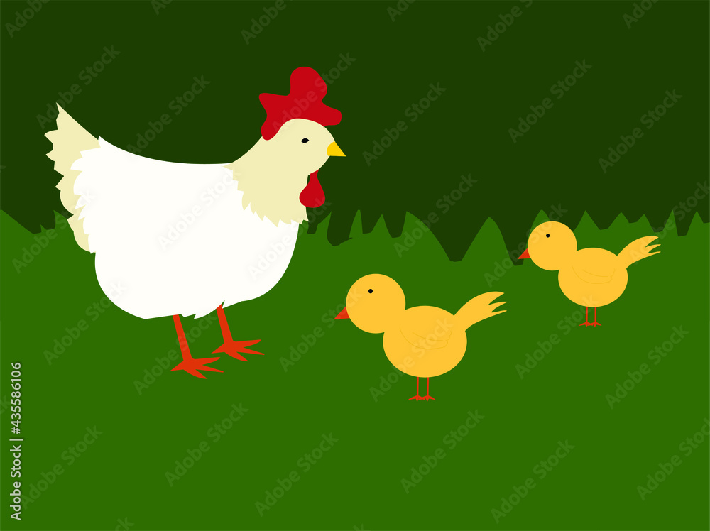 Vector Illustration of Animals, Chicken and Chick Landscape