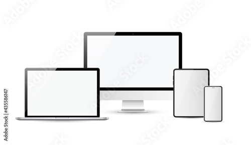 Devices in realistic trendy design on transparent background. Set of computer laptop tablet and smartphone with empty screens. Mock up.
