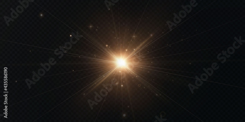 Fototapeta Naklejka Na Ścianę i Meble -  The sun is shining bright light rays with realistic glare. Light star on a transparent black background.