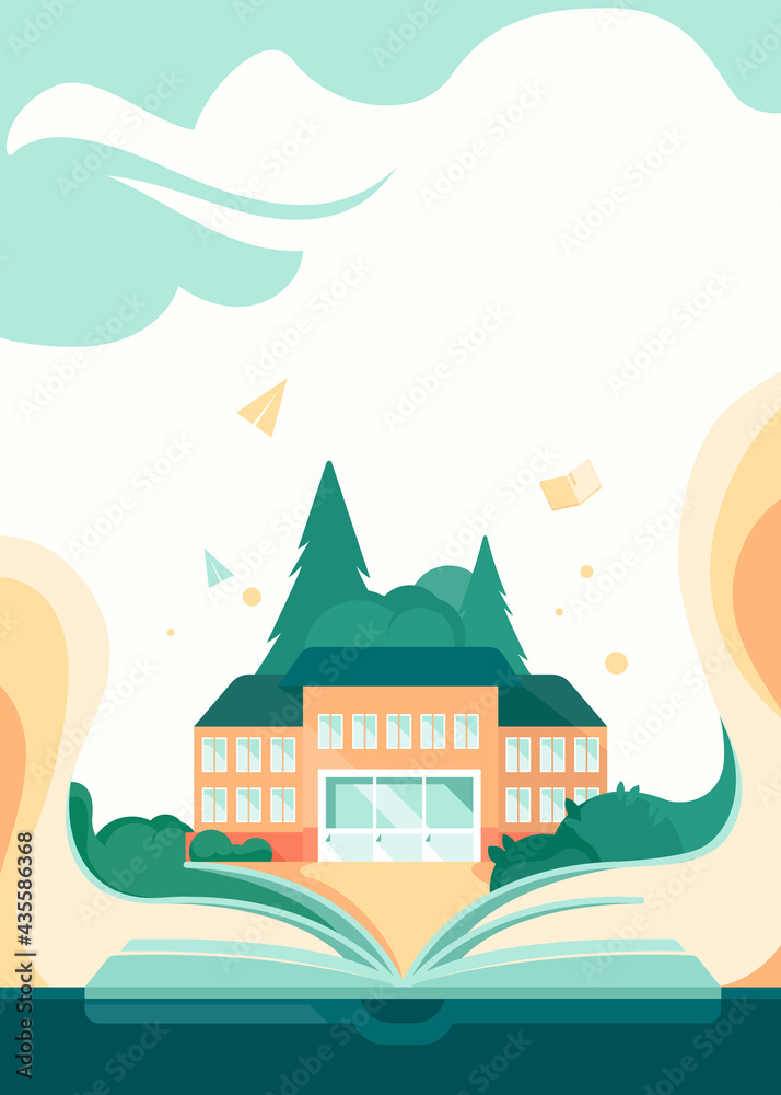 Poster template with book and school building. Flyer design in flat style.