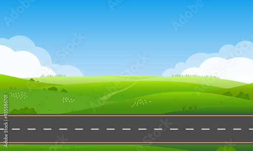 Road or highway in nature landscape with green grass, hills and blue sky. Summer or spring countryside background. Vector illustration.