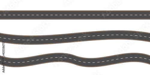 Road or highway set. Top view. Straight and winding seamless asphalt roads. Vector illustration.