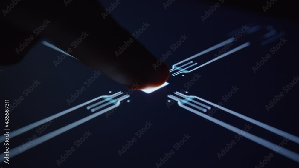 Fingerprint Chip Digital Data Virtual Animation. Human Finger Activating Futuristic App User Interface for Identification and Security. 3d Render. AI, surveillance and internet safety concept.