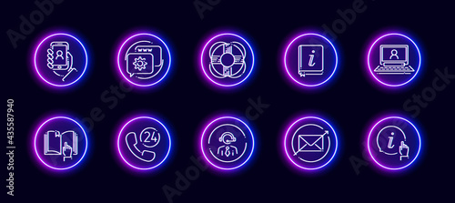 10 in 1 vector icons set related to customer support theme. Lineart vector icons in neon glow style