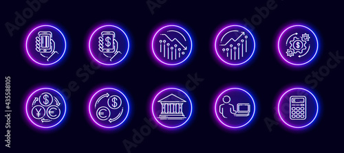10 in 1 vector icons set related to money trade theme. Lineart vector icons in neon glow style
