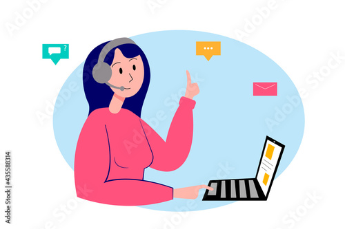 Young girl talking with client using webcam. Online help, consultation concept. Vector illustration. Isolated on a white background.