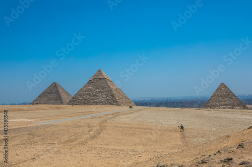 The Great Pyramids of Giza near the ruins of a temple in Giza  Egypt