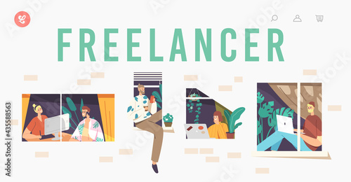 Freelancer Landing Page Template. Relaxed Characters in Windows. Remote Workplace, Freelance Outsourced Occupation