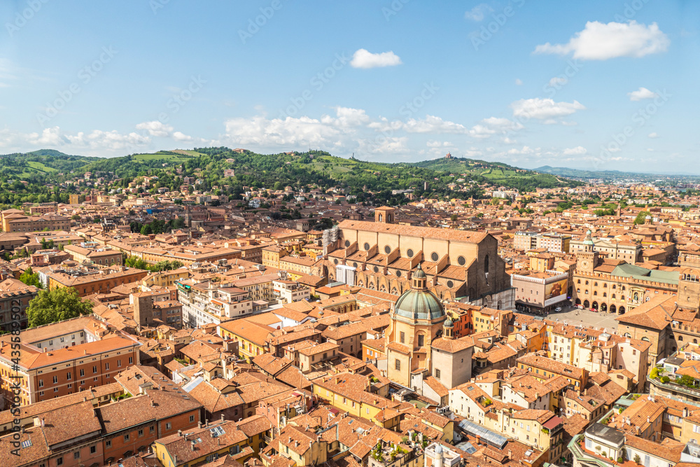 Aerial view of Bologna with the beautiful Maggiore Square and the tower