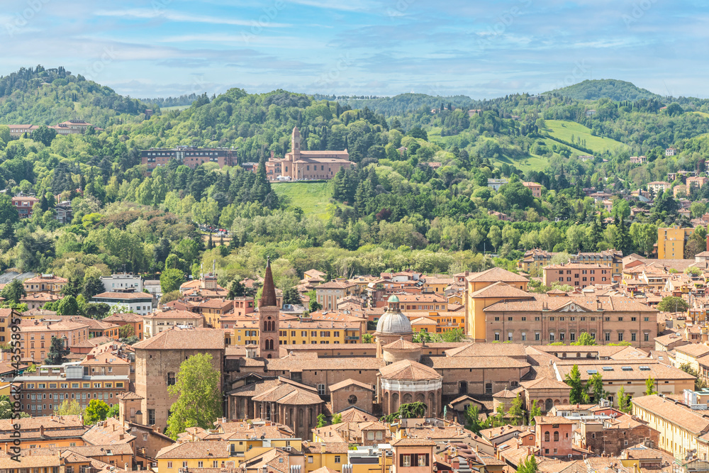 Aerial view of Bologna with beautiful church and historical buildings