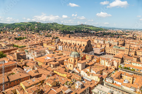 Aerial view of Bologna with the beautiful Maggiore Square and the tower