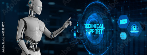 Technical support customer service automation. Robot pressing button on screen 3d render.