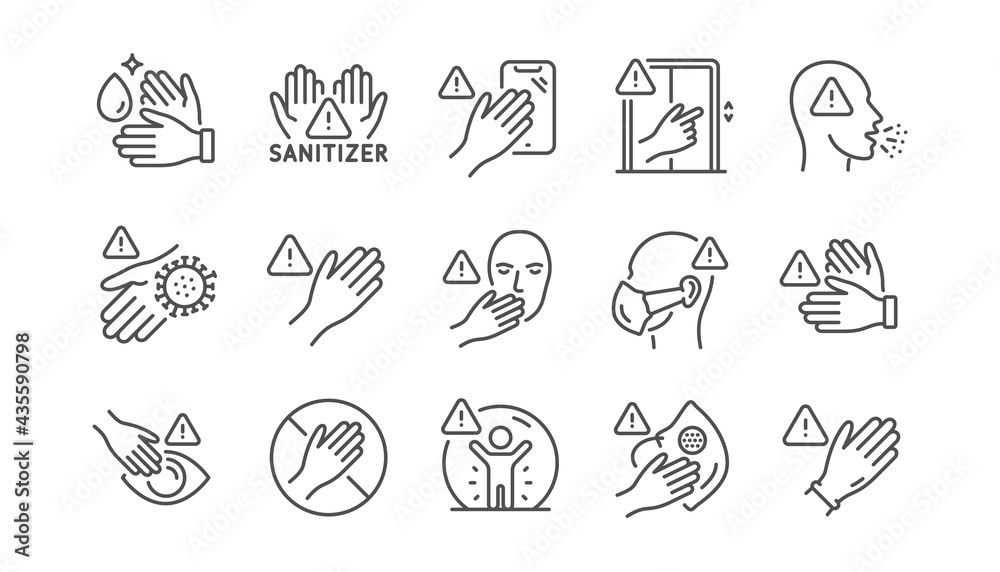 Touch warning line icons. Stop touch face, eyes and medical mask. Covid cough symptoms, wash and disinfect hands icons. Do not press lift buttons, protect face with medical mask. Linear set. Vector