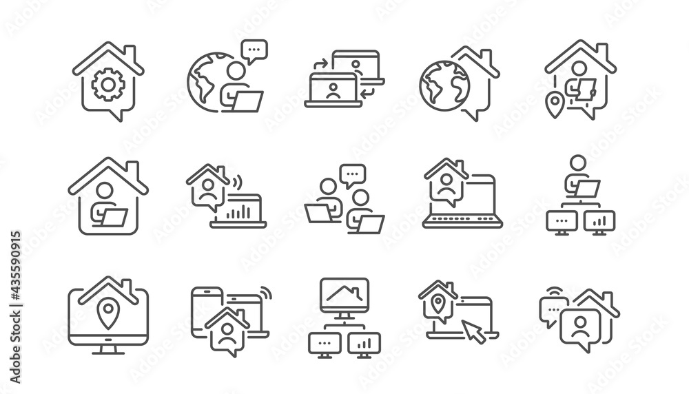 Work at home line icons. Remote worker, Freelance job, Office employee. Stay at home, internet work, remote teamwork line icons. Worker with computer, home workspace, shared network. Vector