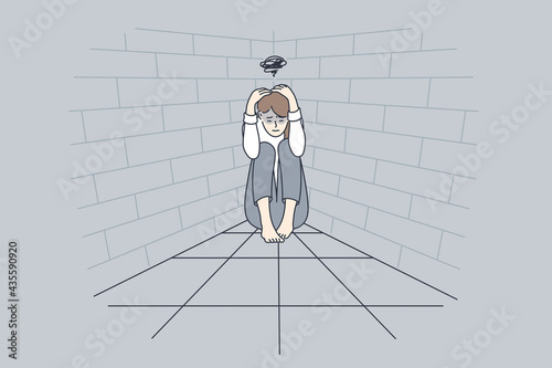 Depression, bad thoughts, grief concept. Young sad woman cartoon character sitting on floor touching head suffering from depression feeling down vector illustration 