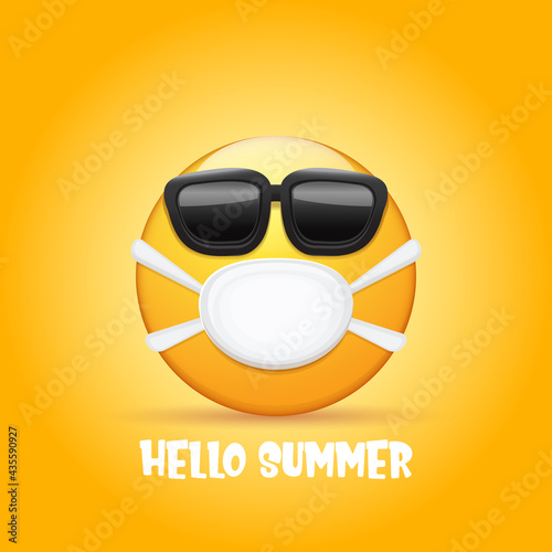 Hello summer concept with yellow Emoji sticker with mouth medical protection mask and sunglasses isolated on orange background. hello summer emoji icon . Vector summer character