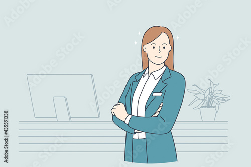 Working in hotel concept. Portrait of young smiling woman working as receptionist standing at desk in lobby of hotel looking at camera vector illustration 