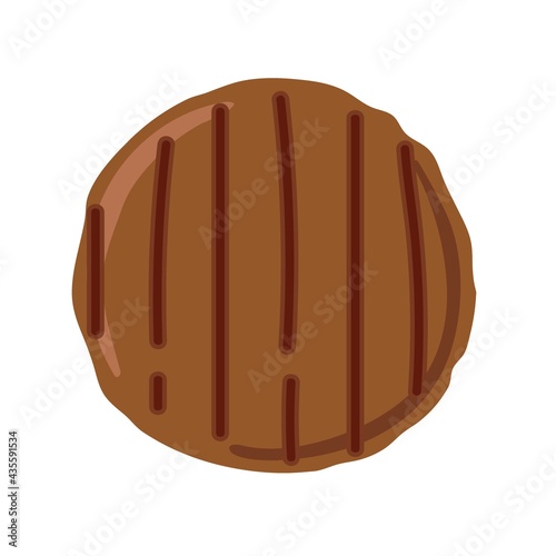 Burger Cutlet isolated on white background. Overhead view of grilled hamburger cutlet. Butchery business. Flat design style for menu cafe, restaurant, poster, sticker. Burger or toast ingredient