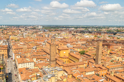 Aerial view of Bologna with the beautiful Maggiore Square and the tower