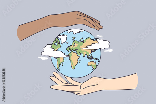 Environment saving, traveling, protecting earth concept. Two human hands holding planet Earth taking care of nature and ecology, supporting ecology vector illustration  #435592358