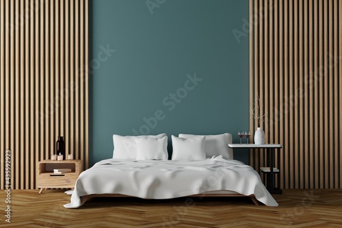 Modern bedroom interior with white sheets and wooden with upright wooden lathes wall decor
