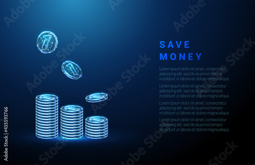 Abstract blue coins stacks with falling coins