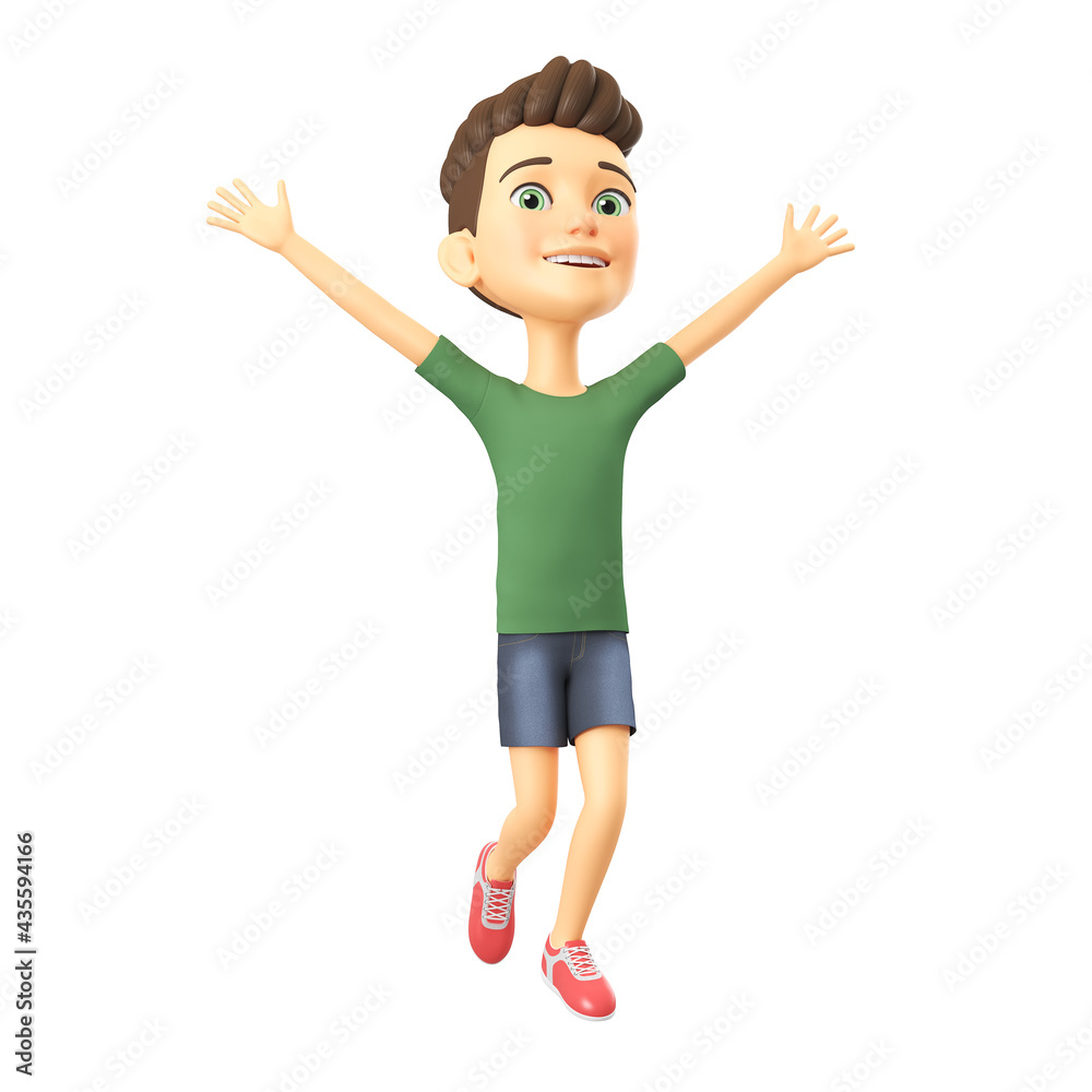 Cartoon character confident boy wearing green t-shirt celebrating victory. 3D rendering. Cartoon character confident boy wearing green t-shirt celebrating victory. 3D rendering.
