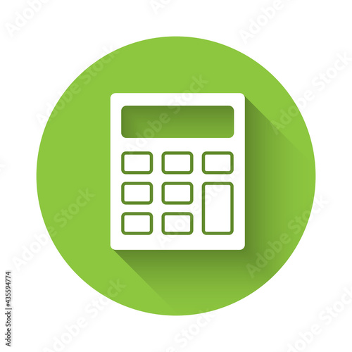 White Calculator icon isolated with long shadow. Accounting symbol. Business calculations mathematics education and finance. Green circle button. Vector