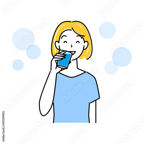 熱中症対策 水分補給をしている可愛い女性 イラスト シンプル ベクター