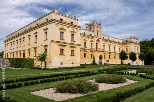 The yellow castle in Slezske Rudoltice, Czech Republic with beautiful chateaux gardens