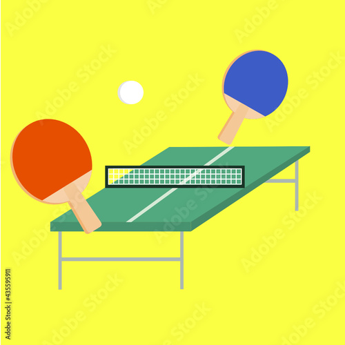Table tennis racket and ball.Ping pong game.Net and paddles.Sport poster.Sign, symbol or logo isolated.Banner design.Relaxing and playing.Vector illustration.Cartoon concept.