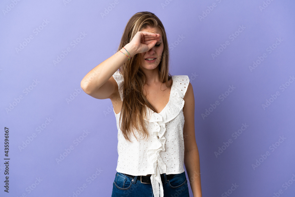 Young caucasian woman over isolated background with tired and sick expression Young caucasian woman over isolated background with tired and sick expression