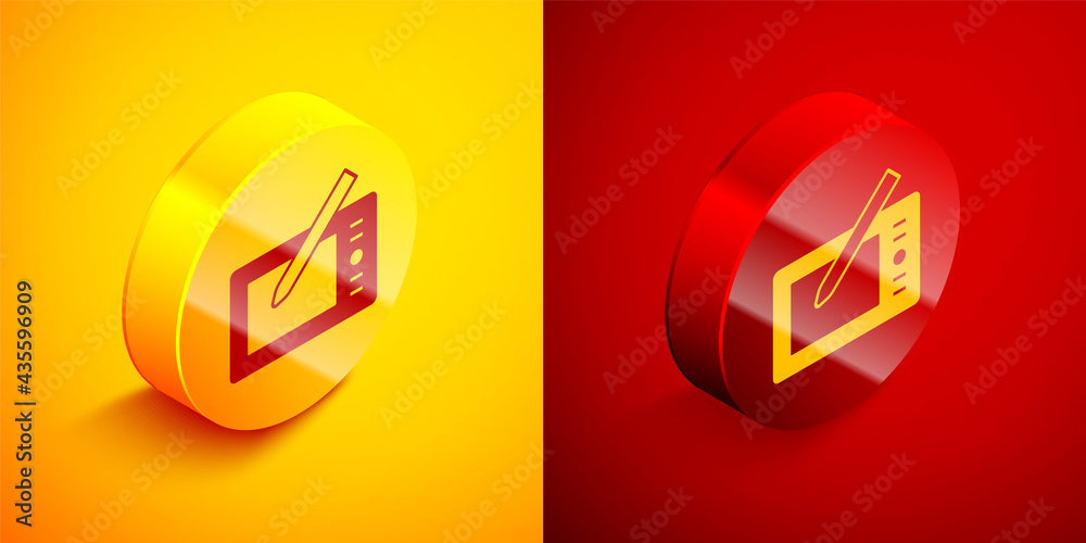 Isometric Graphic tablet icon isolated on orange and red background. Circle button. Vector Isometric Graphic tablet icon isolated on orange and red background. Circle button. Vector