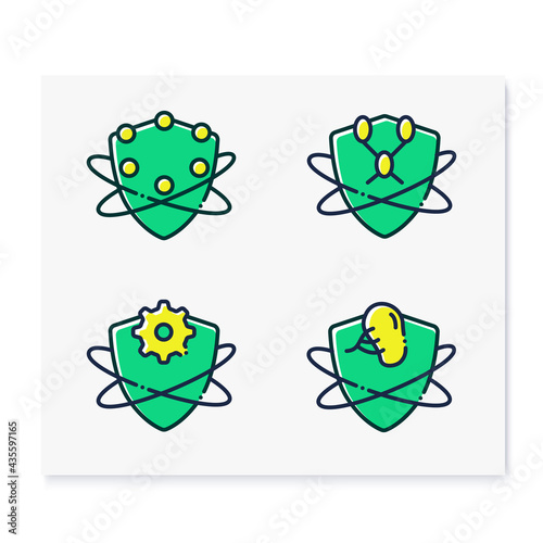 Immune system line icons set. Immunology concept. Complement and lymphatic system,adaptive immunity, spleen. Health, disease prevention. Isolated vector illustrations. Editable stroke