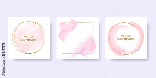 Rose gold background for the banner. Set of round and square gold frames with pink pastel brush elements. Vector illustration