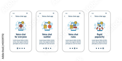 Drop in audio app onboarding mobile app screens. Application rules steps menu. Free app, waitlist, rapid popularity. Set of UI, UX, web template with RGB color linear icons